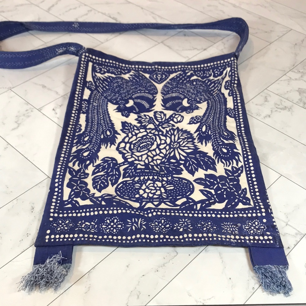Vintage Asian bird Cotton Purse Satchel with Fringe Cream Blue Crane